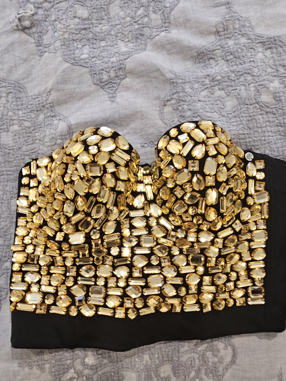 Gold Crystal Embellished Black Bustier Crop Top